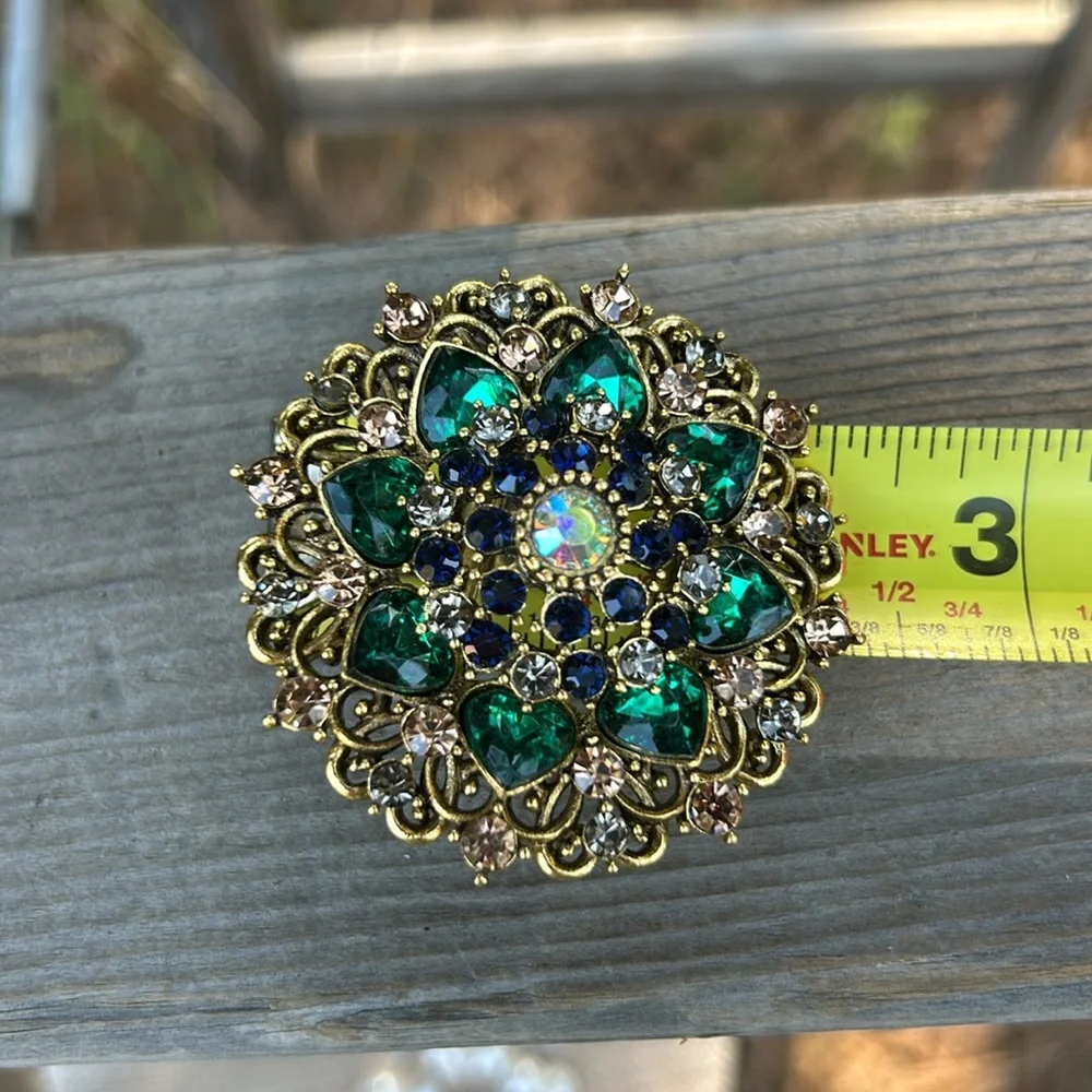 Aurora Borealis Gold, Blue and Green Statement Glass Rhinestone Brooch